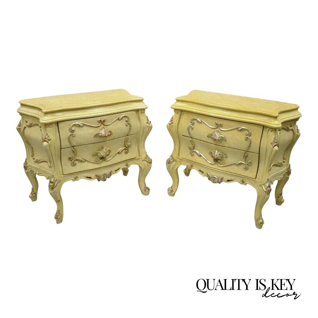 Italian Rococo Cream Lacquer 2 Drawer Nightstands Bombe Bedside Commode - a Pair