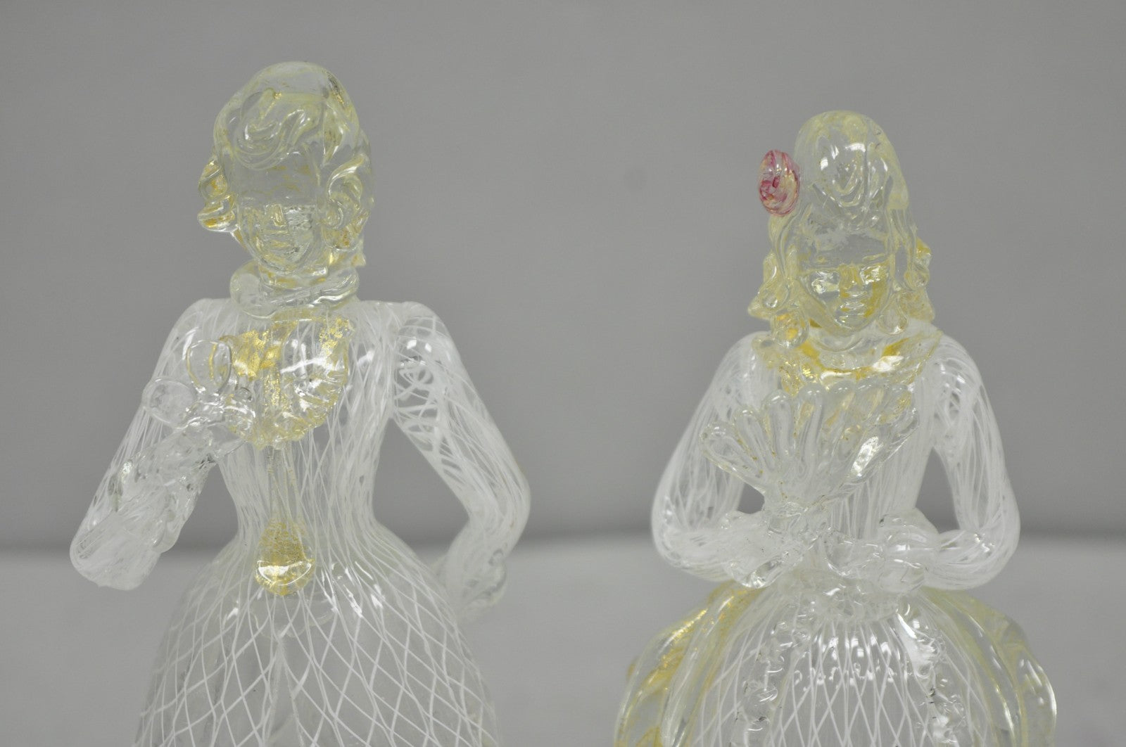 Vintage Italian Murano Latticino & Gold Leaf Art Glass Male & Female Figure Pair