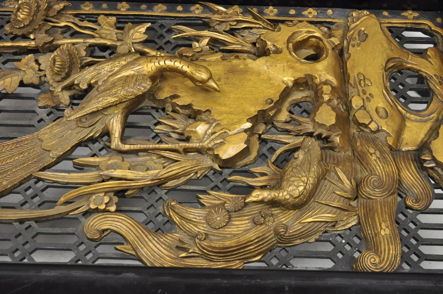 Vintage Chinese Relief Carved Ho ho Bird Glass Top Display Oriental Coffee Table