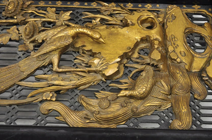 Vintage Chinese Relief Carved Ho ho Bird Glass Top Display Oriental Coffee Table