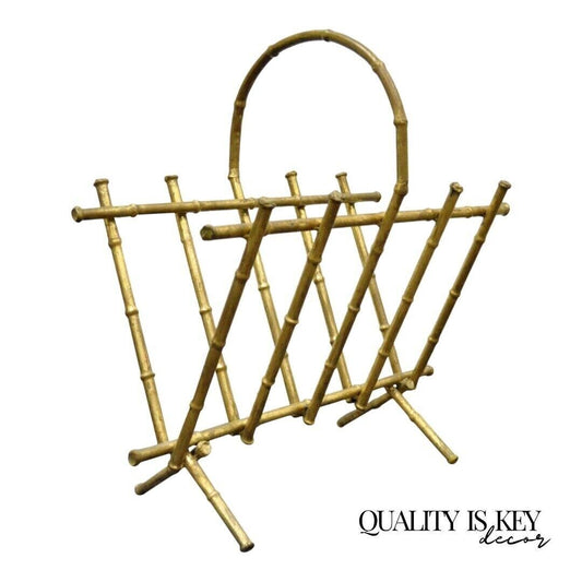 Vintage Italian Hollywood Regency Gold Gilt Metal Faux Bamboo Magazine Rack