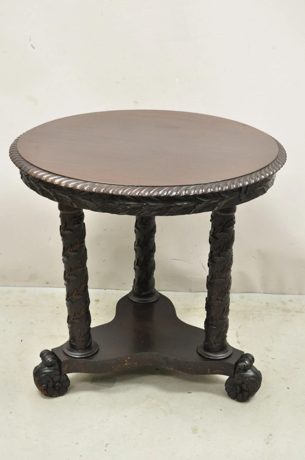 Antique American Empire Floral Spiral Carved Mahogany Round Center Side Table