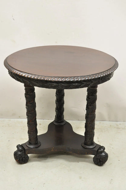 Antique American Empire Floral Spiral Carved Mahogany Round Center Side Table