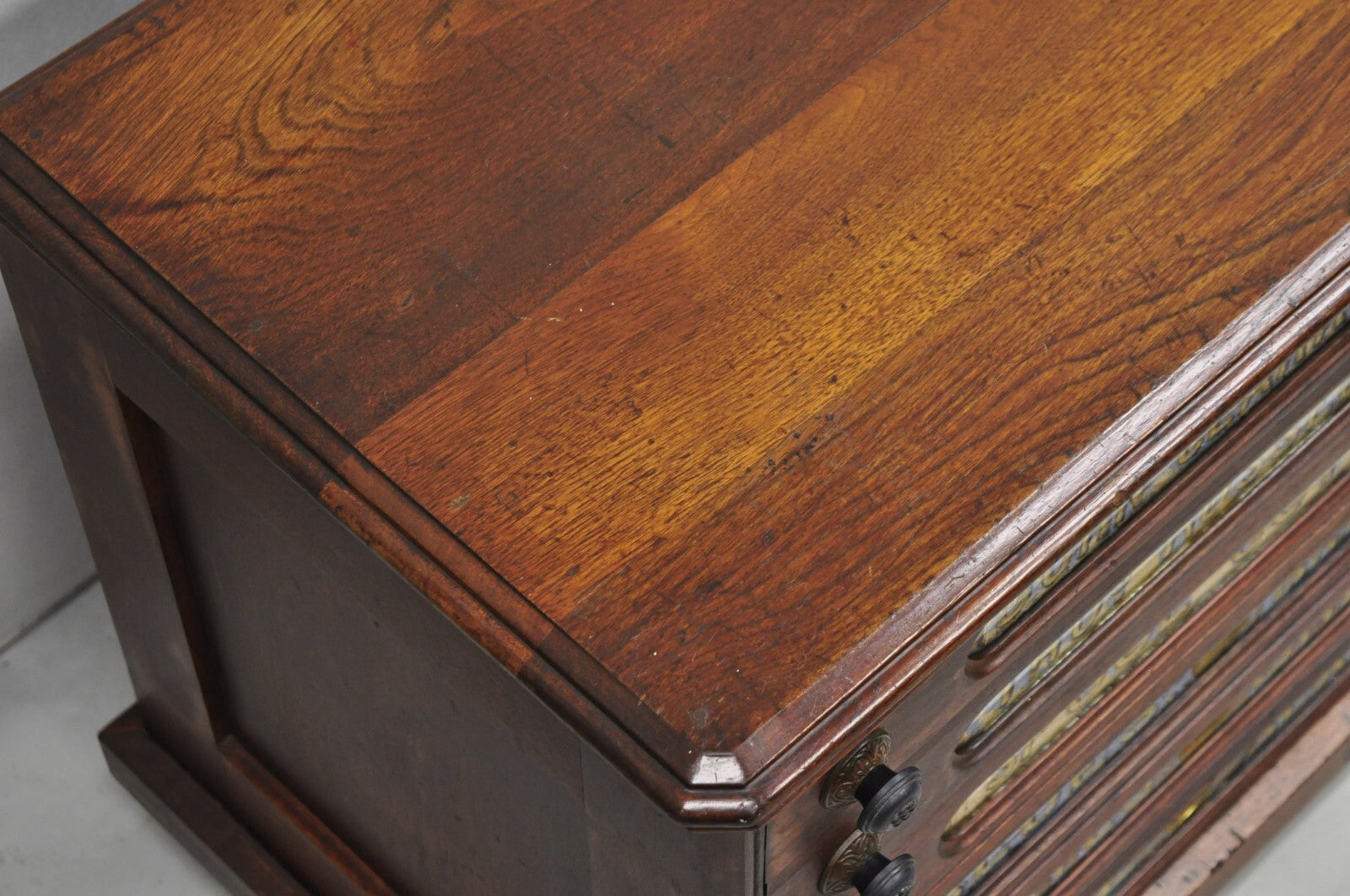 Antique John Clark Walnut 6 Drawer Sewing Spool Cabinet w Reverse Painted Glass