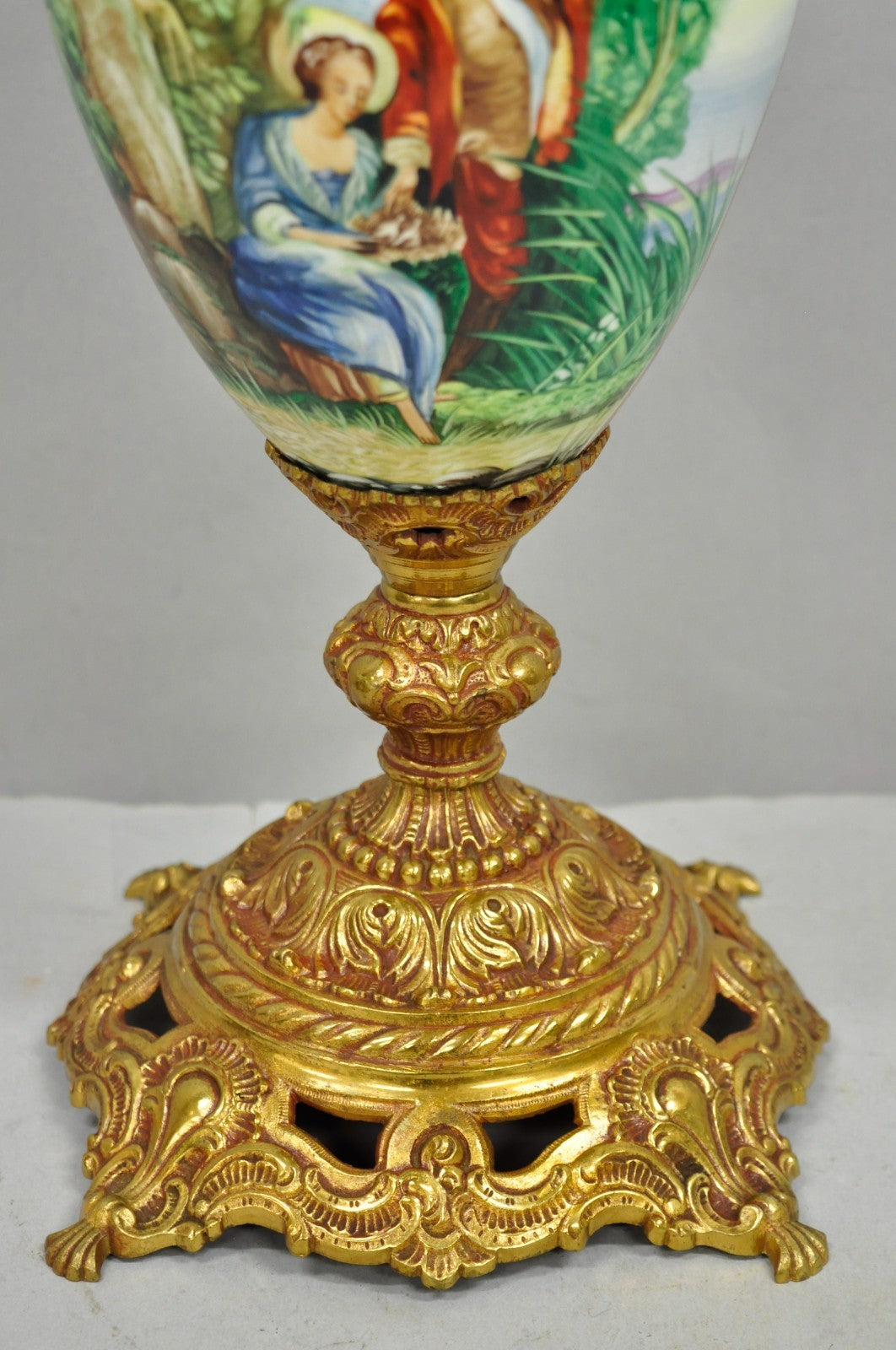 Vintage French Renaissance Style Painted Porcelain Urn Brass Ewer Table Lamp
