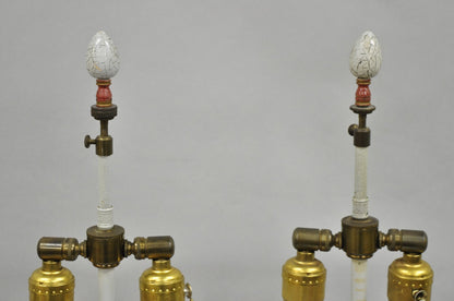 Victorian Red White Floral Painted French Porcelain Jardinière Table Lamps, Pair