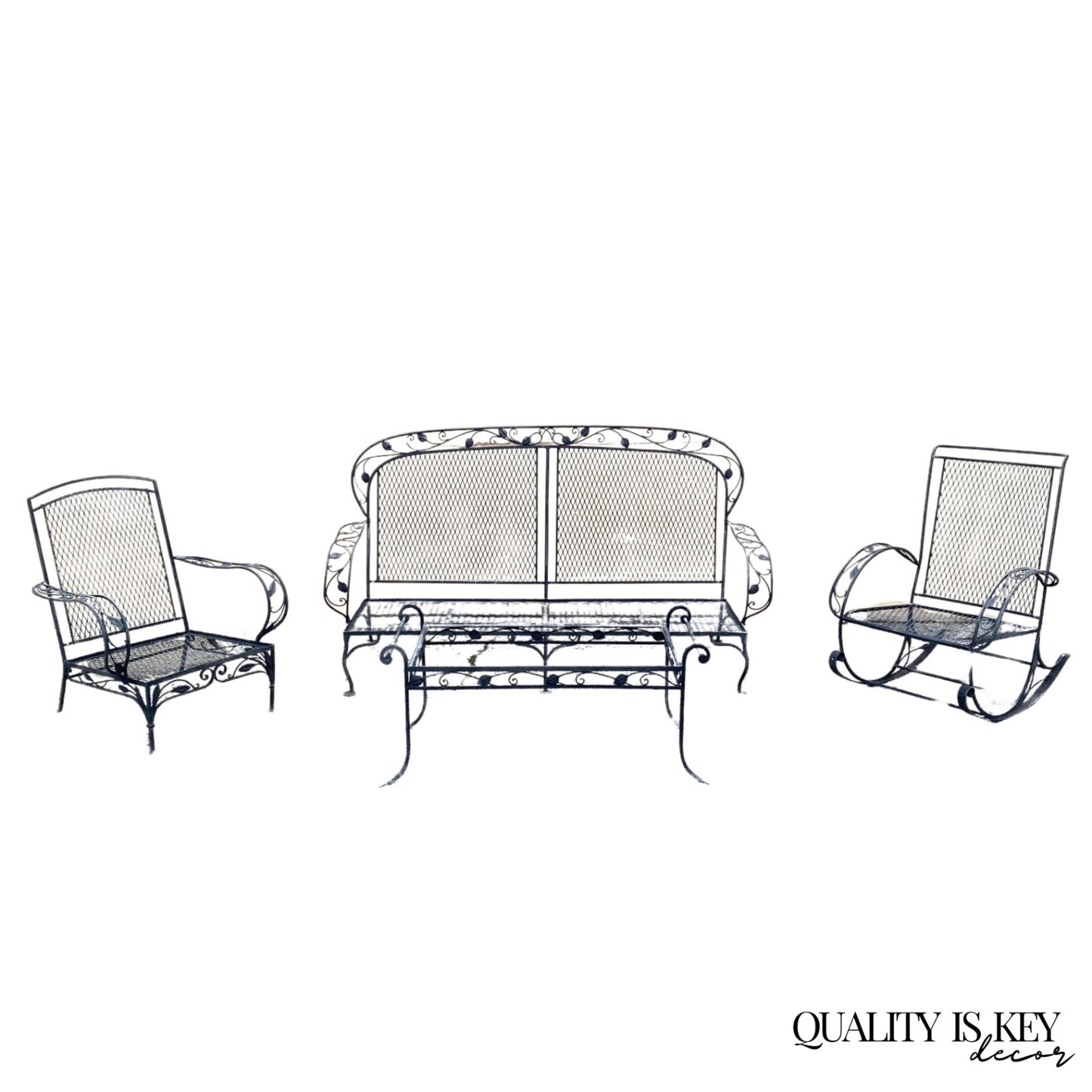 Vintage Salterini Art Nouveau Wrought Iron Garden Patio Sofa Chair Set - 4 Pcs