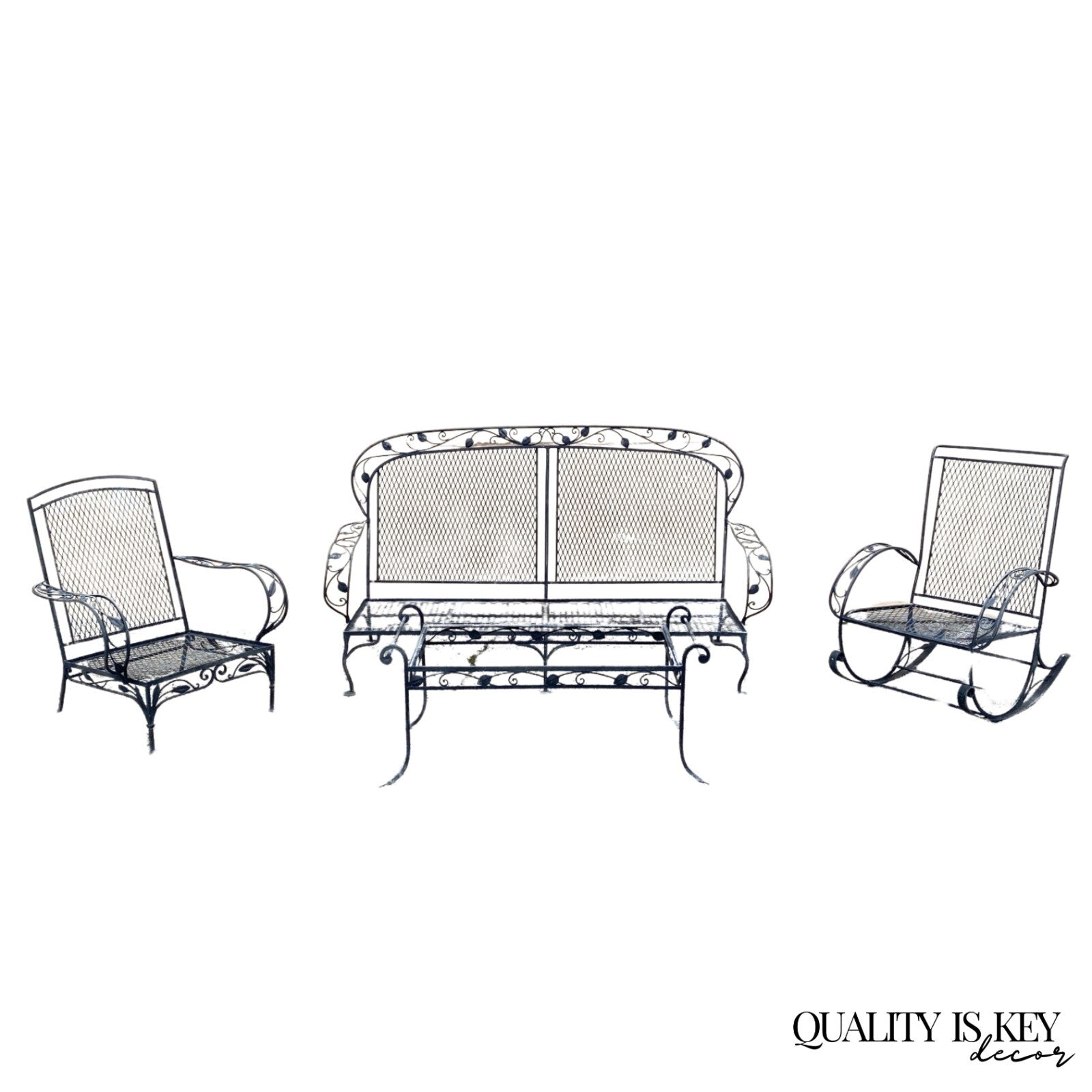 Vintage Salterini Art Nouveau Wrought Iron Garden Patio Sofa Chair Set - 4 Pcs