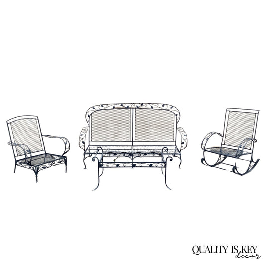 Vintage Salterini Art Nouveau Wrought Iron Garden Patio Sofa Chair Set - 4 Pcs