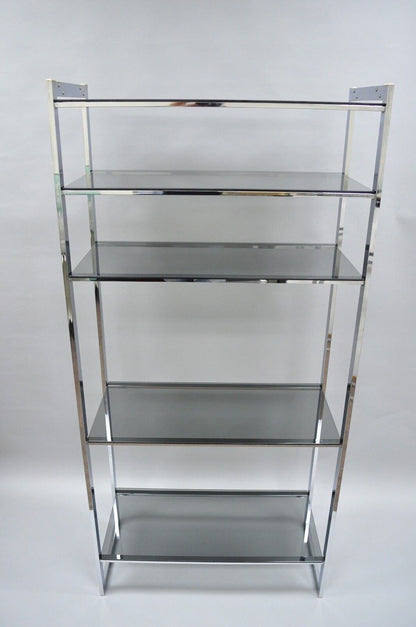 Mid Century Modern Chrome Smoked Glass Etagere Bookcase Shelf Baughman Style 74"