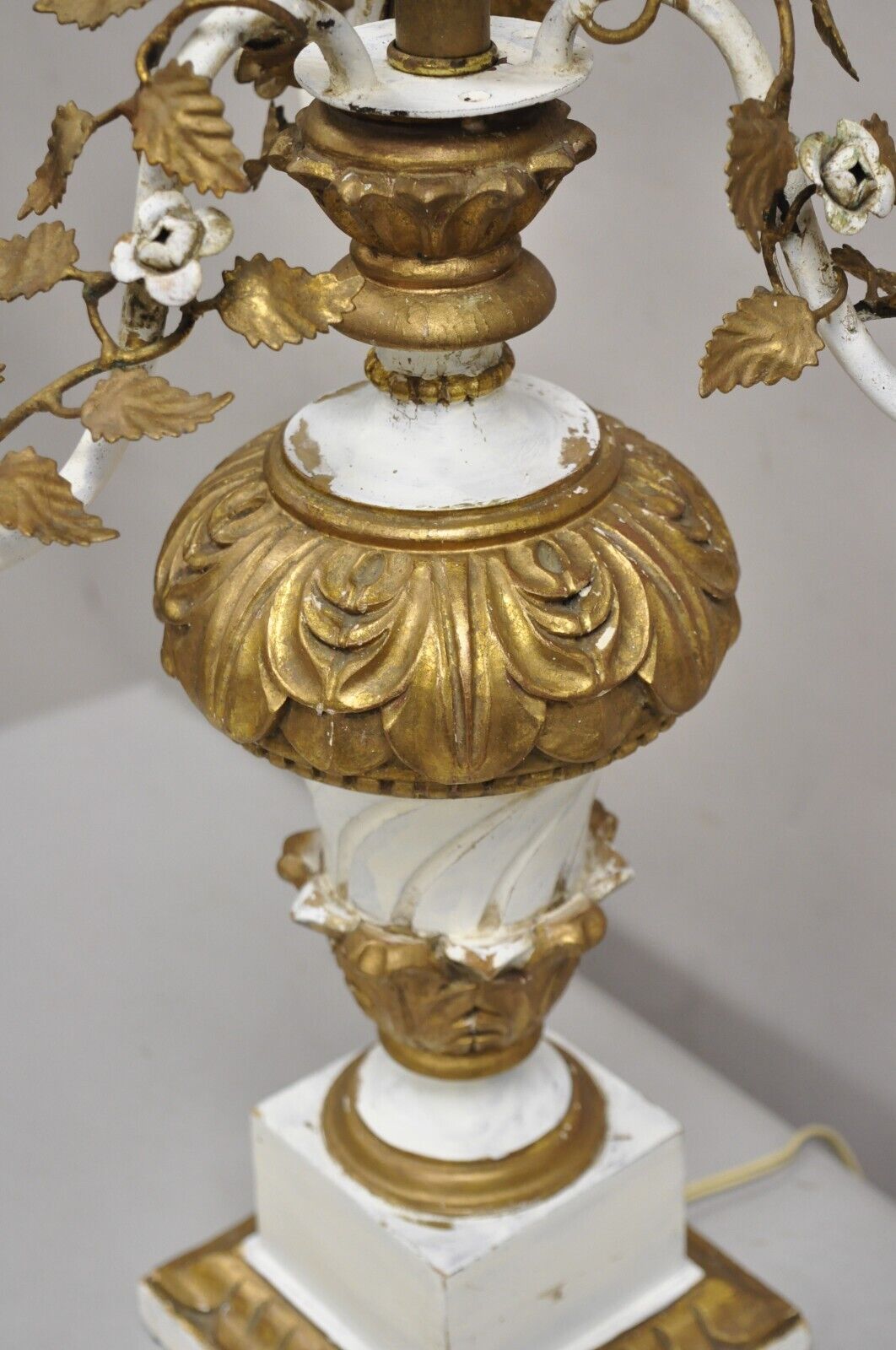 Vintage Italian Hollywood Regency Giltwood White & Gold Candelabra Table Lamp