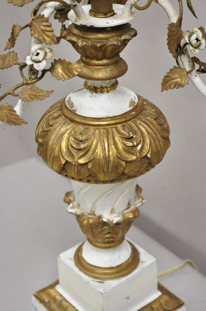 Vintage Italian Hollywood Regency Giltwood White & Gold Candelabra Table Lamp