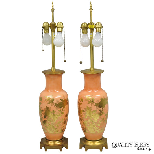 Vintage Marbro Chinoiserie Salmon Coral Pink Porcelain Table Lamps - a Pair