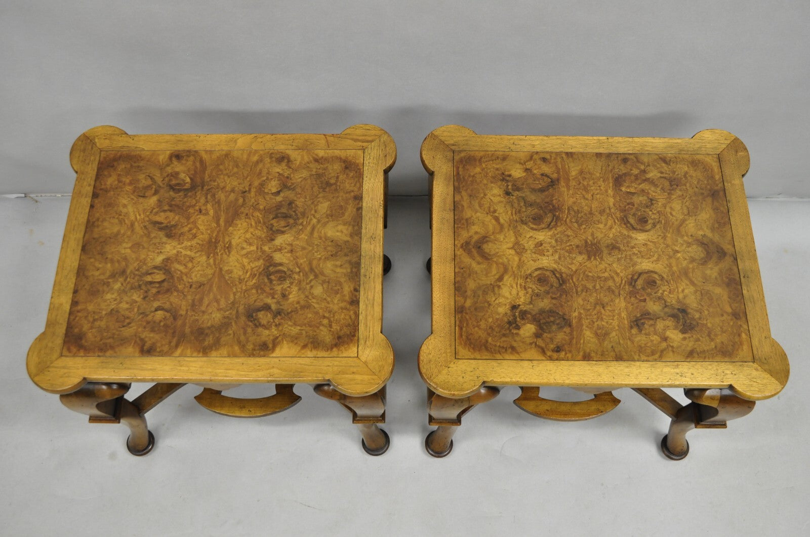 Vintage Baker Regency Style Burlwood Walnut Low Side End Tables - a Pair