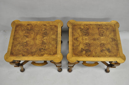 Vintage Baker Regency Style Burlwood Walnut Low Side End Tables - a Pair