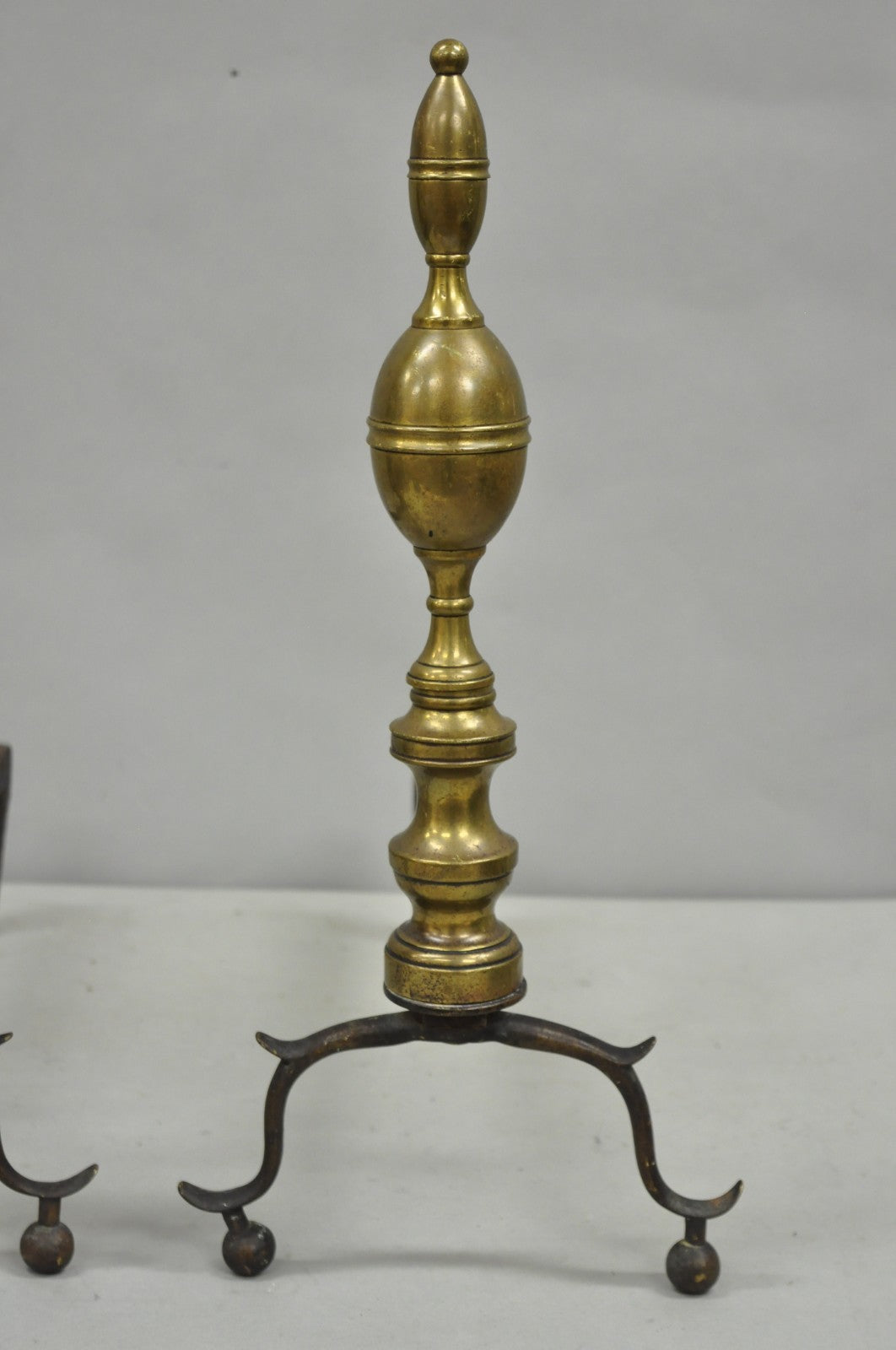 Antique English Federal Brass Branch Leg Cast Iron Fireplace Andirons - a Pair
