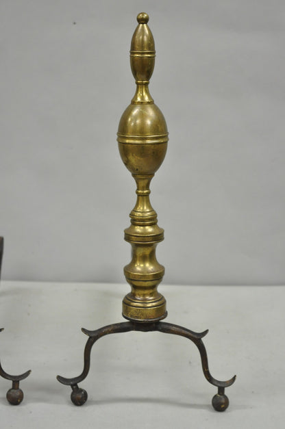 Antique English Federal Brass Branch Leg Cast Iron Fireplace Andirons - a Pair