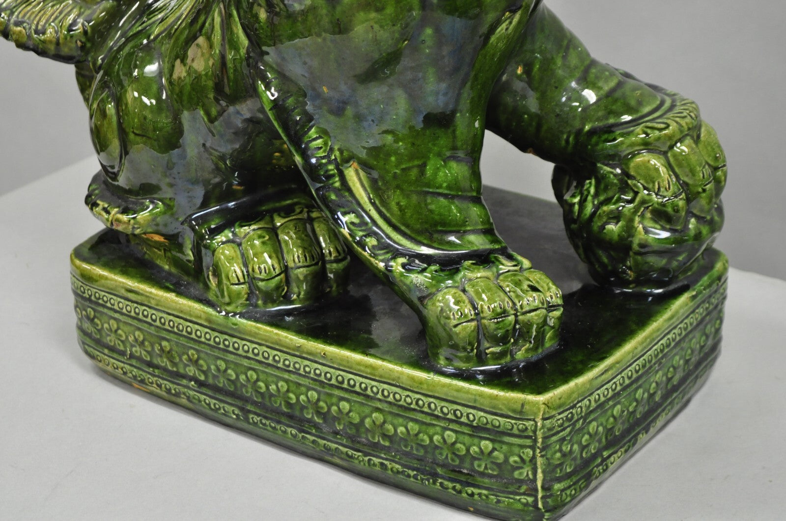 Vintage Chinoiserie Green Majolica Glazed Ceramic 22" Chinese Foo Dog Statue