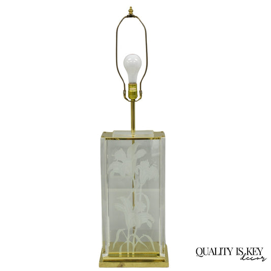 Vintage 1980s Fredrick Ramond Etched Lily Design Lucite Glass & Brass Table Lamp