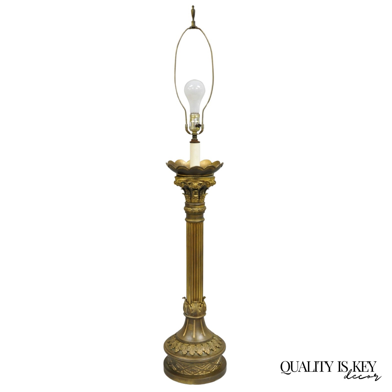 Antique French Empire Patinated Bronze Corinthian Column Candlestick Table Lamp