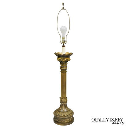 Antique French Empire Patinated Bronze Corinthian Column Candlestick Table Lamp