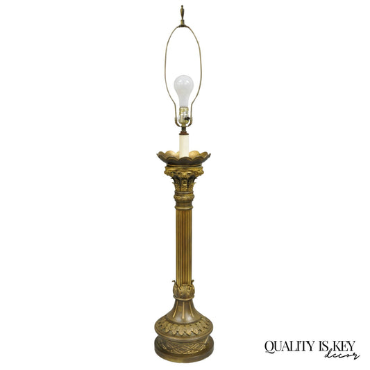 Antique French Empire Patinated Bronze Corinthian Column Candlestick Table Lamp
