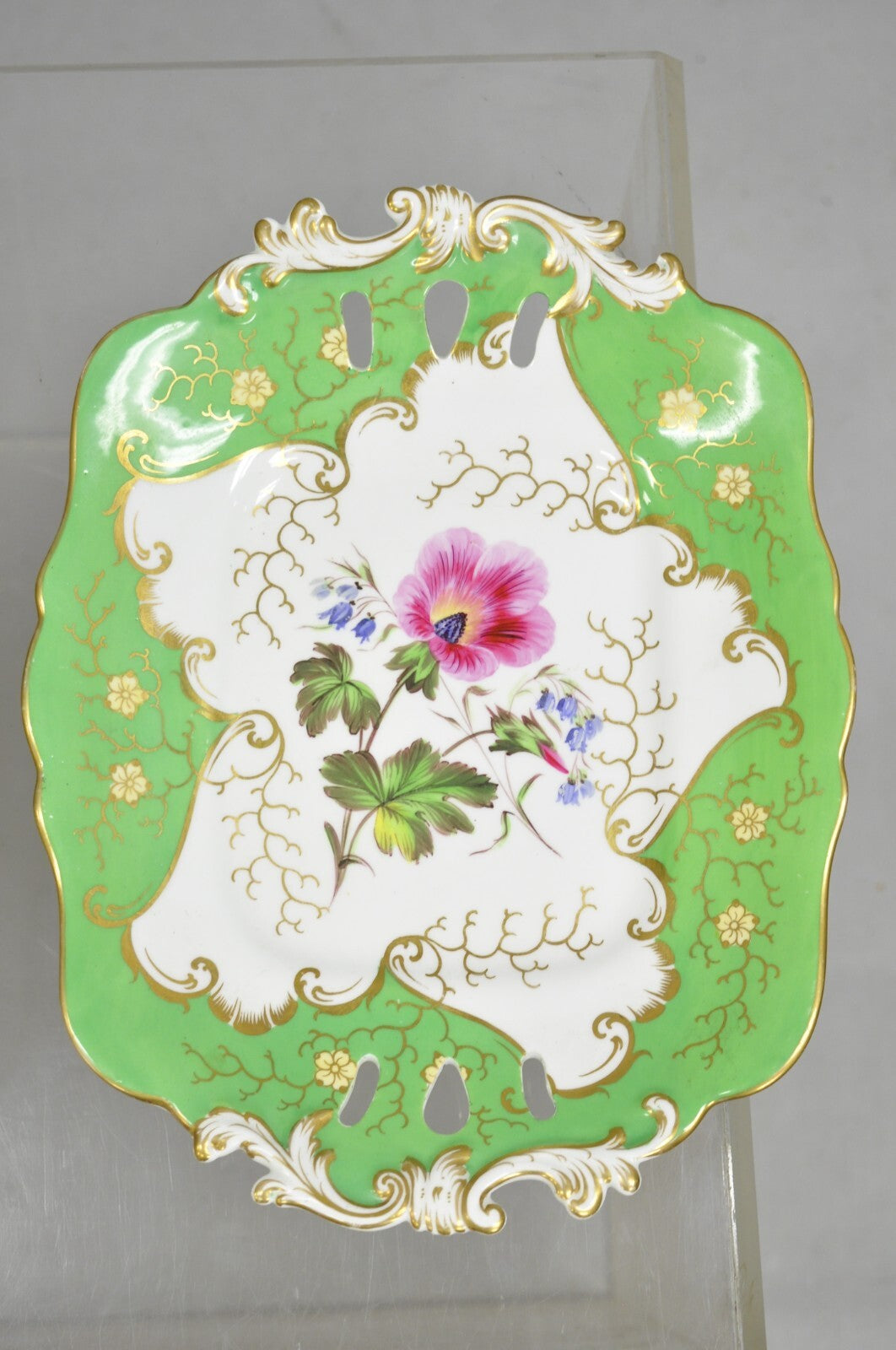 Antique Samuel Alcock Bone China Porcelain Dessert Plate Green w/ Flowers - Pair