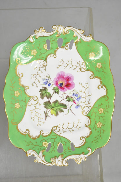 Antique Samuel Alcock Bone China Porcelain Dessert Plate Green w/ Flowers - Pair
