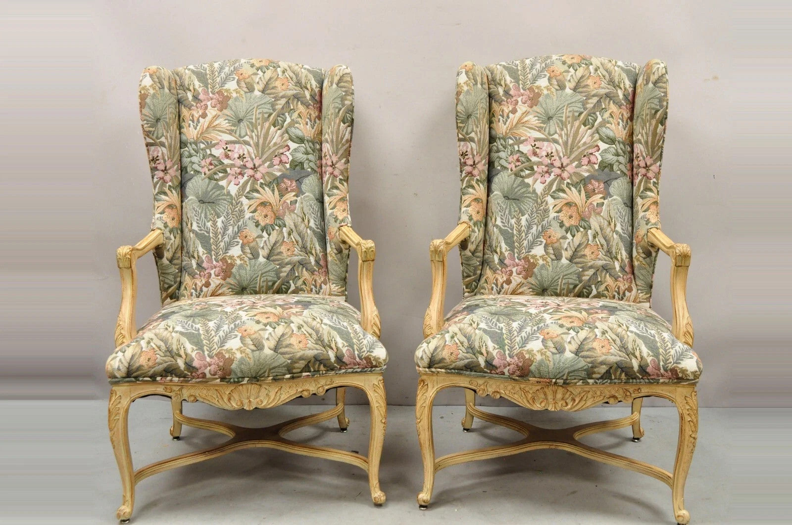 French Country Provincial Louis XV Style Upholstered Wingback Lounge Chairs Pair
