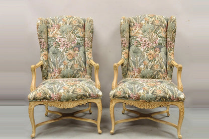 French Country Provincial Louis XV Style Upholstered Wingback Lounge Chairs Pair