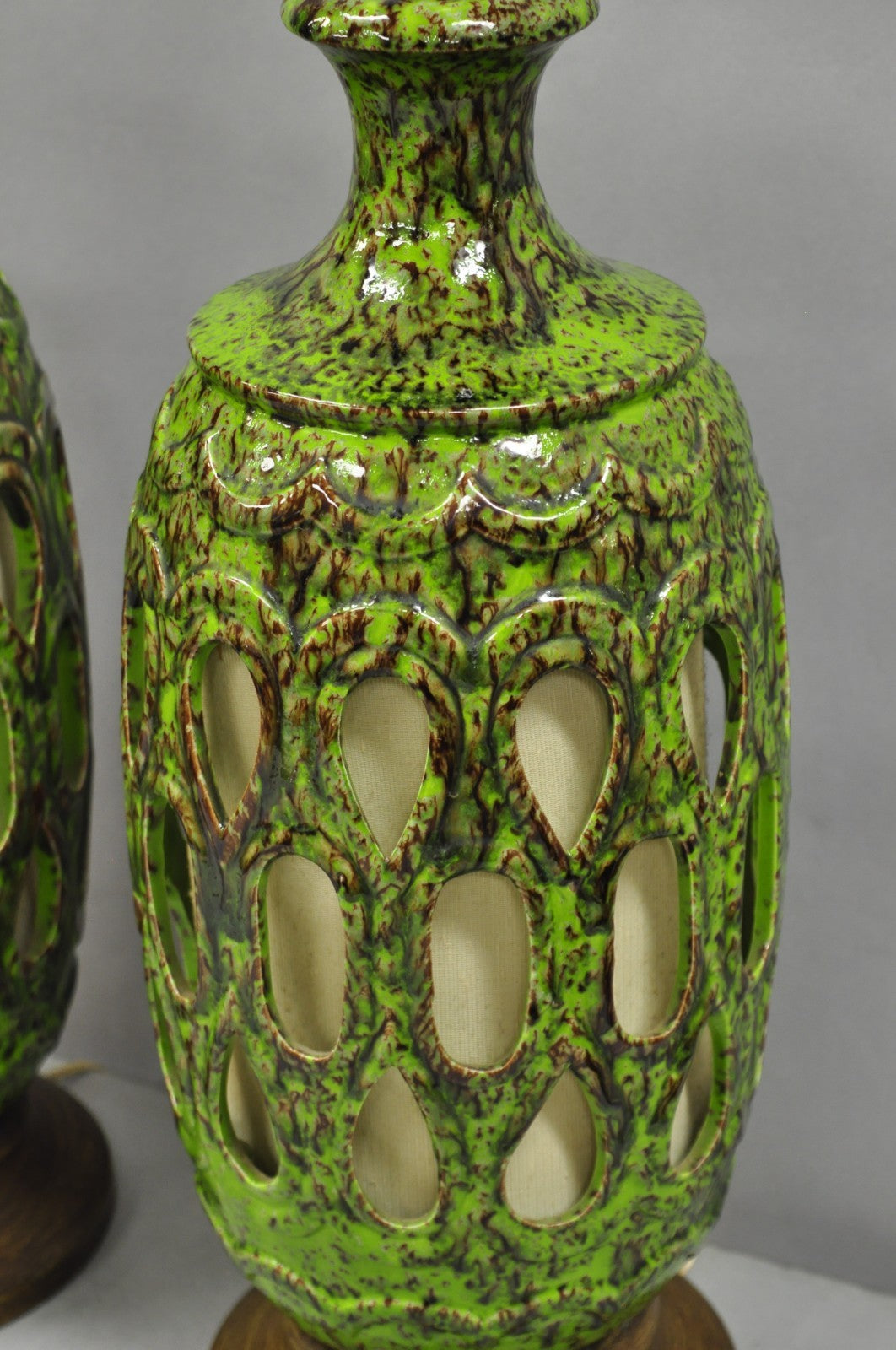 Vintage Mid Century Modern Green Lava Glazed Ceramic Pierced Table Lamps - Pair