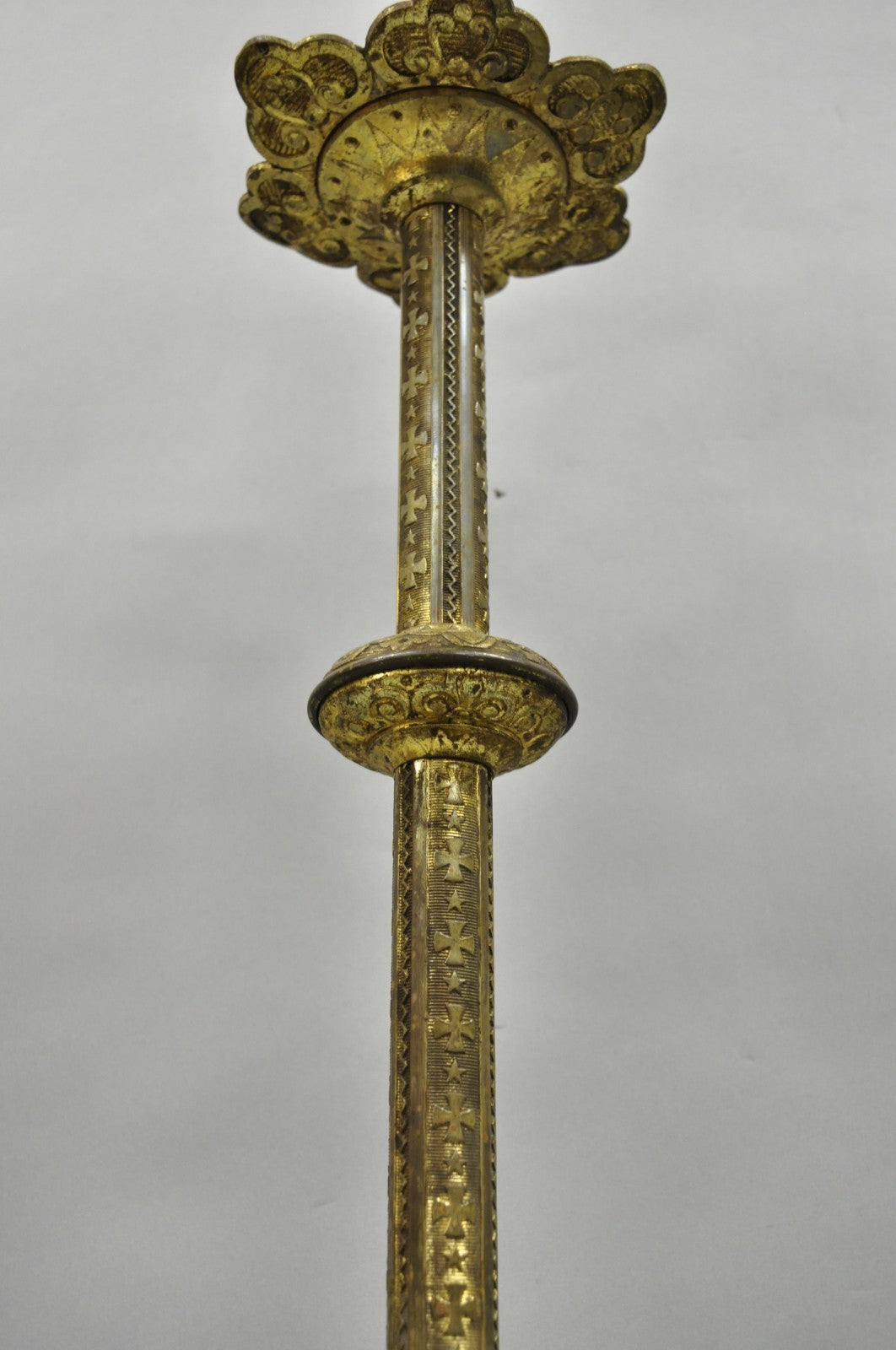 Antique French Renaissance Brass Religious Church Candlestick Table Lamp