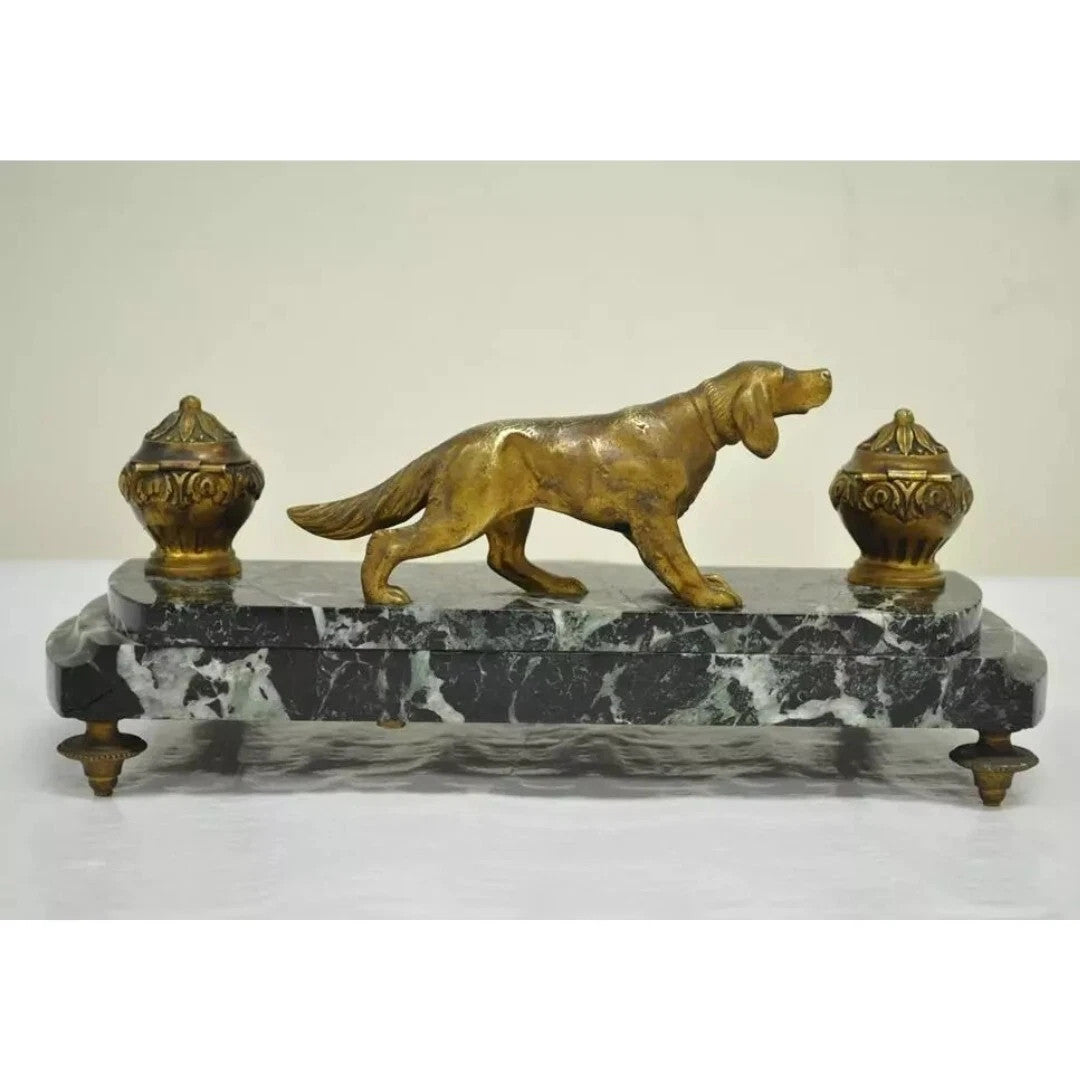 Antique French Empire Figural Bronze & Marble Hunting Dog Desk Double Inkwell