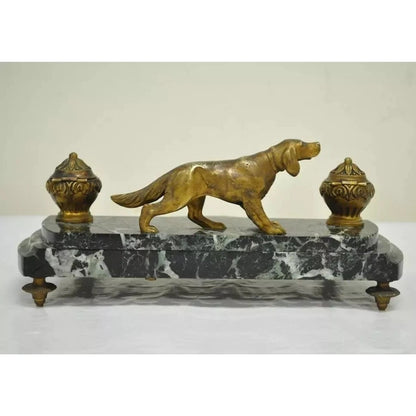 Antique French Empire Figural Bronze & Marble Hunting Dog Desk Double Inkwell
