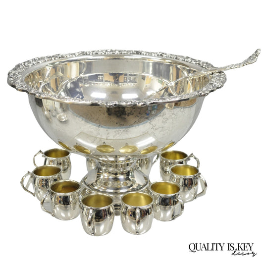 Vintage FB Rogers Silver Plated Victorian Style Punch Bowl Set w/ 10 Cups