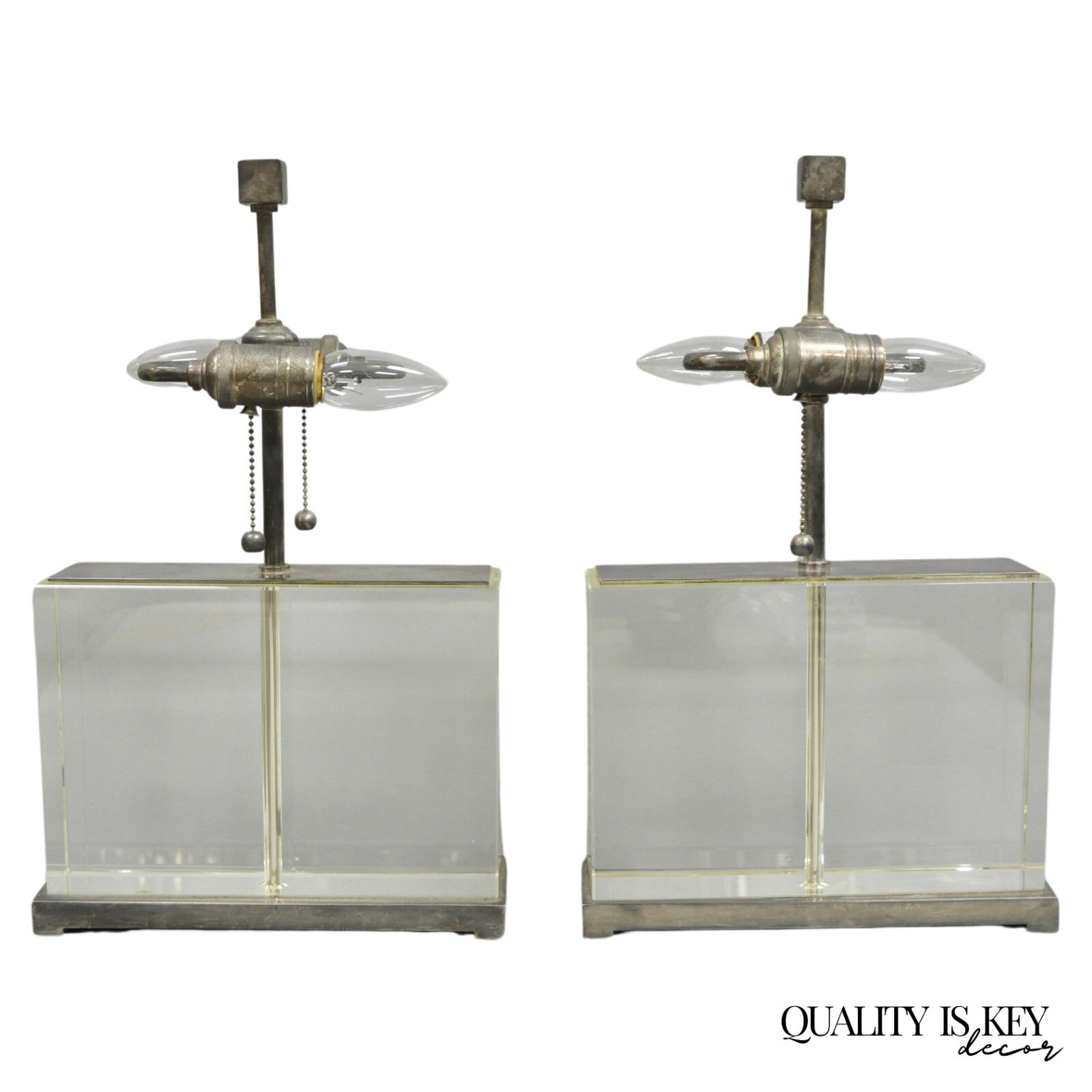 Modern Williams Sonoma Crystal Glass Block Phoenix Wide Table Lamps - a Pair