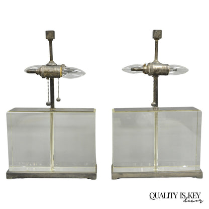Modern Williams Sonoma Crystal Glass Block Phoenix Wide Table Lamps - a Pair