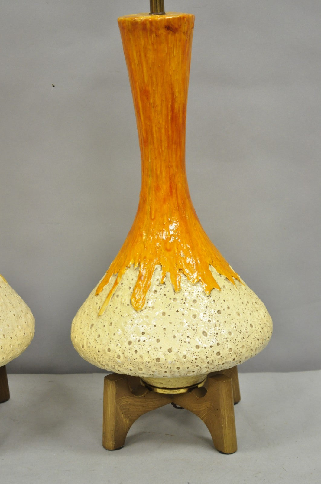 Vintage Mid Century Modern Orange Drip Glazed Ceramic Table Lamps - a Pair