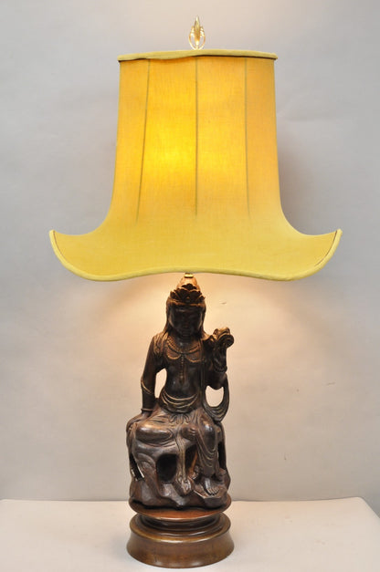 Vintage Buddhist Kuan Yin Brown Ceramic Sculpture Figure Table Lamp w/ Shade