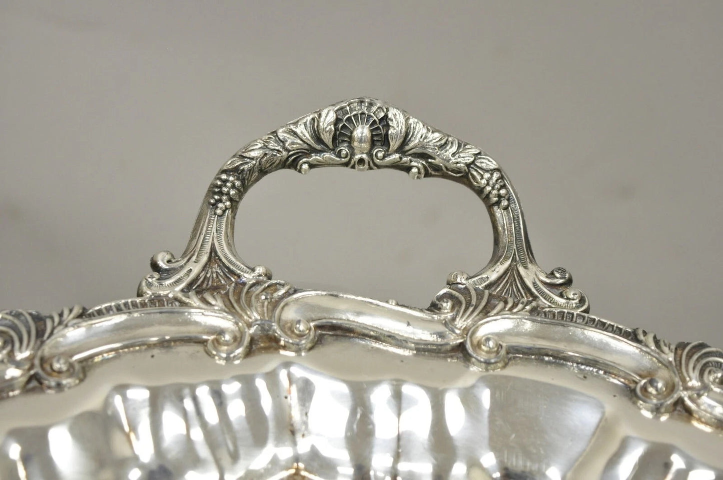 Victorian Ornate Silver Plated Twin Handle Scalloped Bar Serving Platter Tray