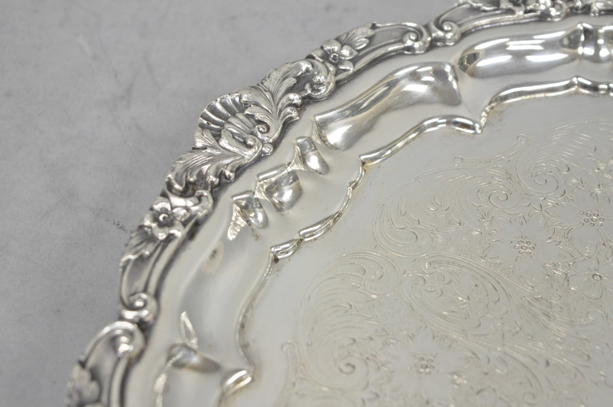 Vintage Poole Silver 3209 Victorian 12" Round Silver Plated Salver Platter Tray