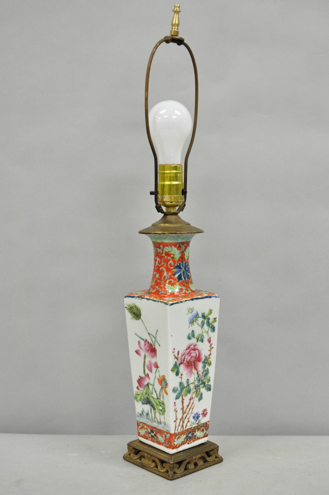 Antique Chinese Porcelain Orange Hand Painted Flower Small Boudoir Table Lamp