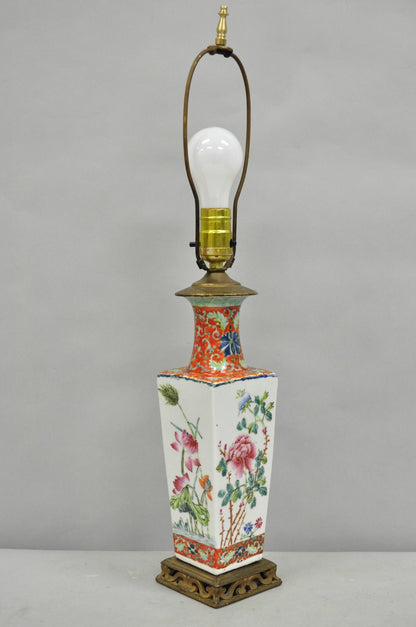 Antique Chinese Porcelain Orange Hand Painted Flower Small Boudoir Table Lamp
