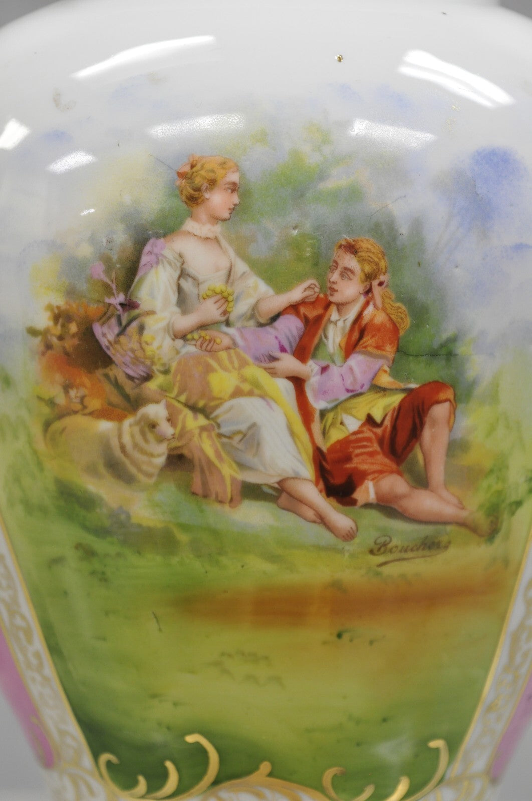Antique Francois Boucher Victorian Pink Porcelain Lidded Urn or Covered Vase