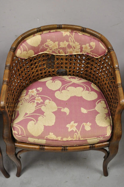 Vintage Hollywood Regency Faux Bamboo Cane Barrel Back Lounge Chairs (A) - Pair