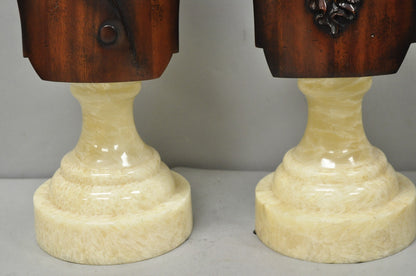 Classical Maitland Smith Style Carved Mahogany Wood Bust on Alabaster - a Pair