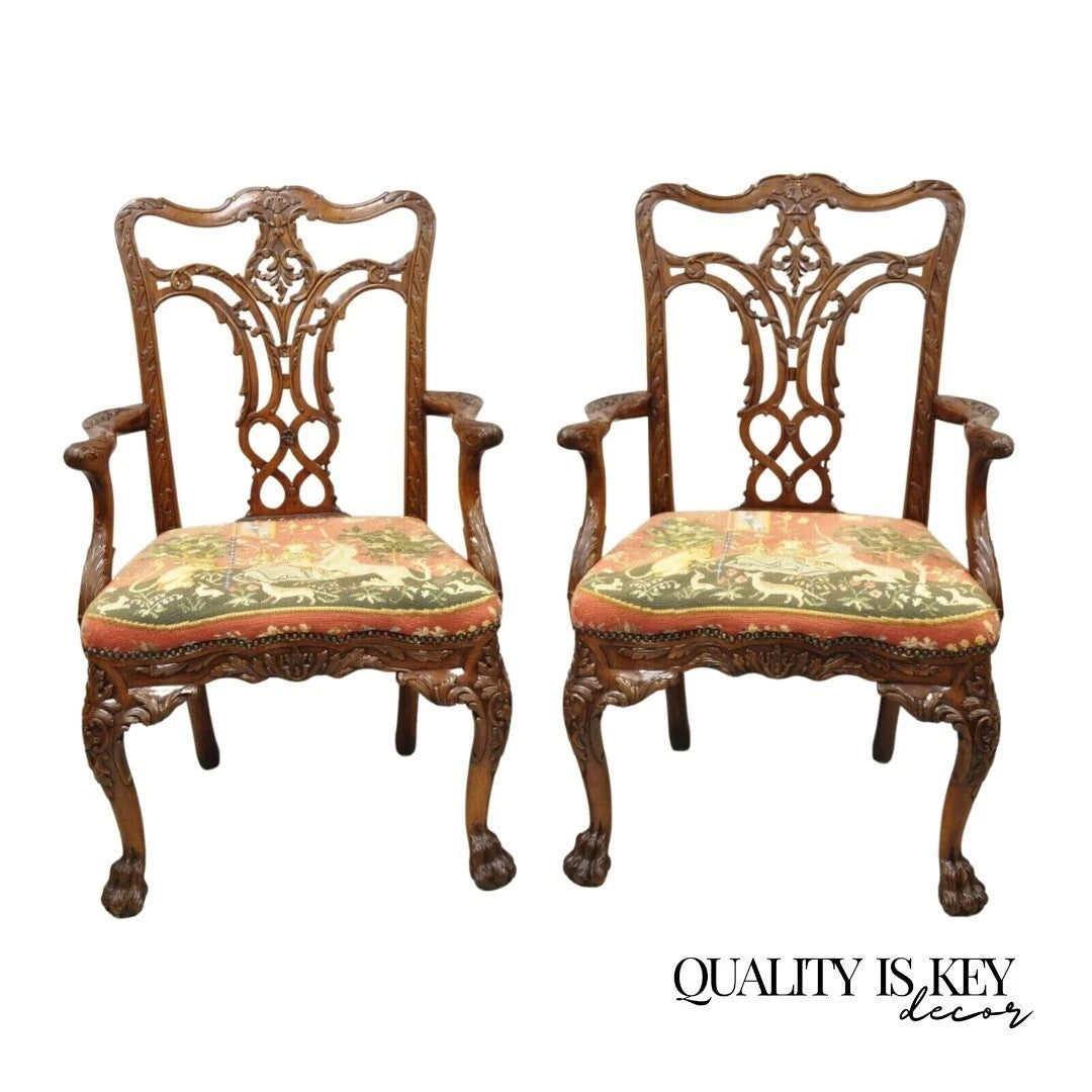Maitland Smith Georgian Carved Mahogany Needlepoint Dining Arm Chairs - a Pair