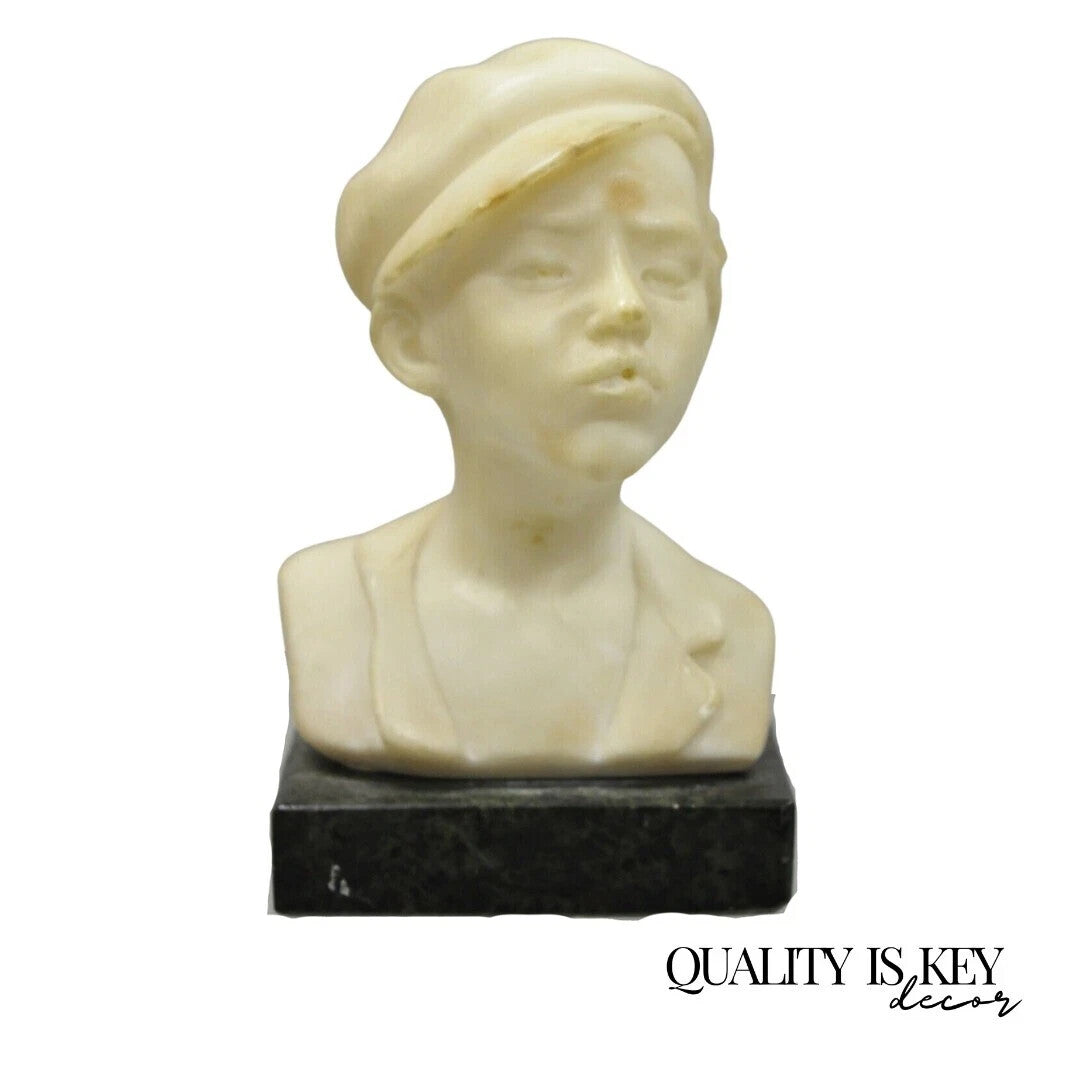 Antique 6" Carved Alabaster Marble Boy Bust Smoking Cigarette Signed "Martin"