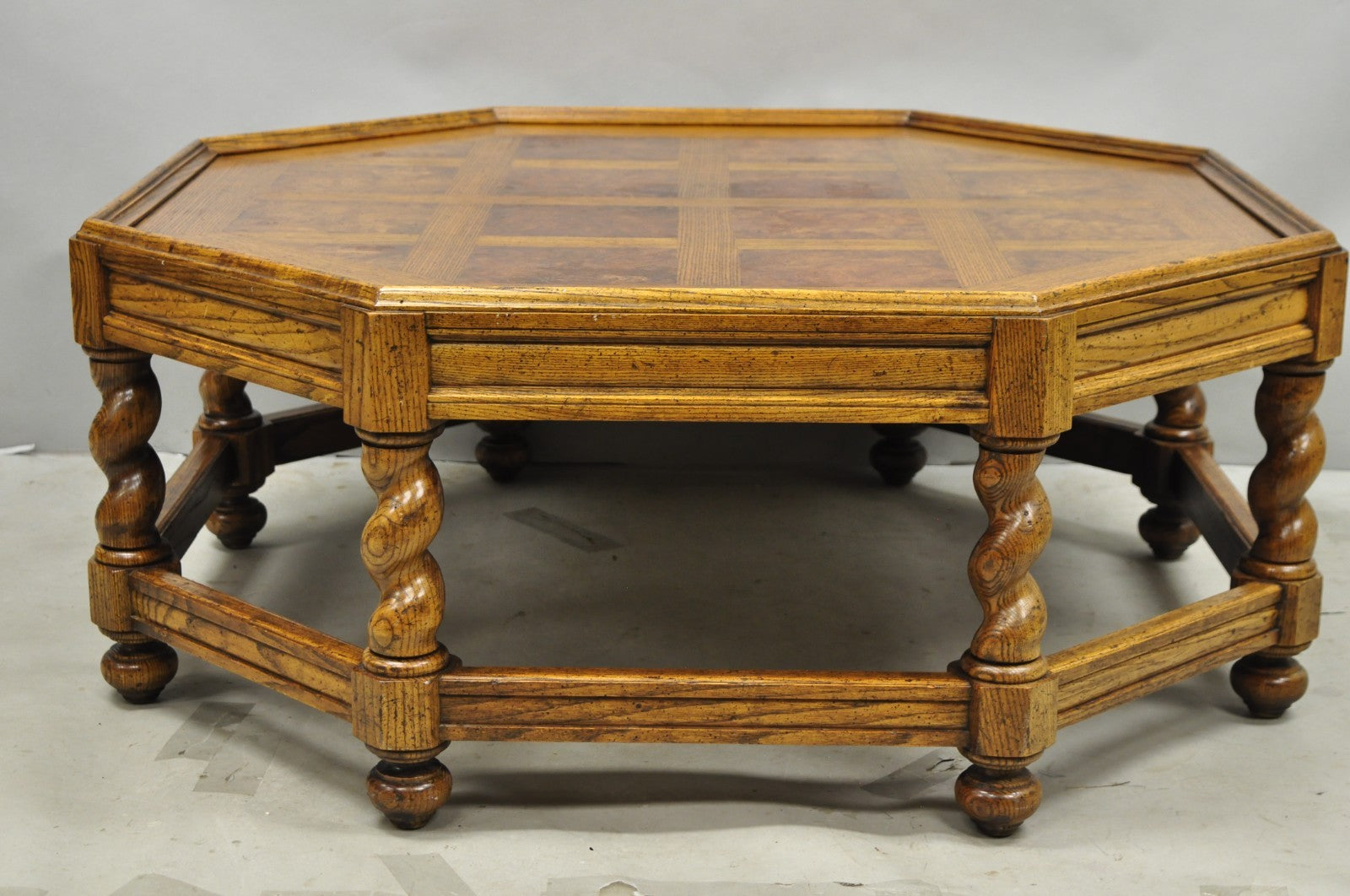 Vintage Baker Barley Twist Oak & Burlwood Parquetry Octagonal Coffee Table