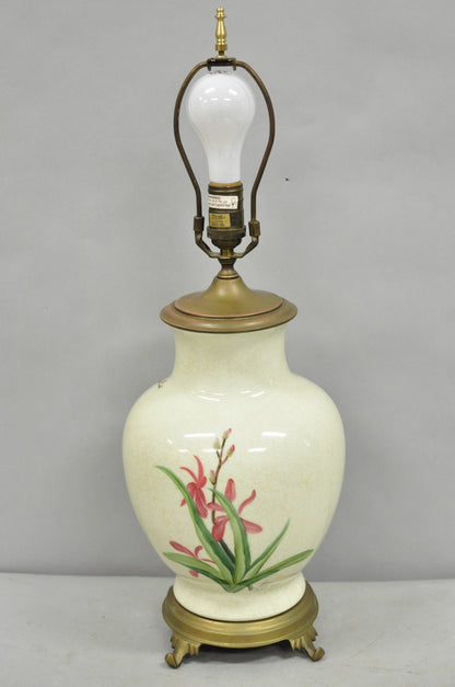 Vintage Art Nouveau Style Pink Flower Painted Porcelain Table Lamp by Wildwood